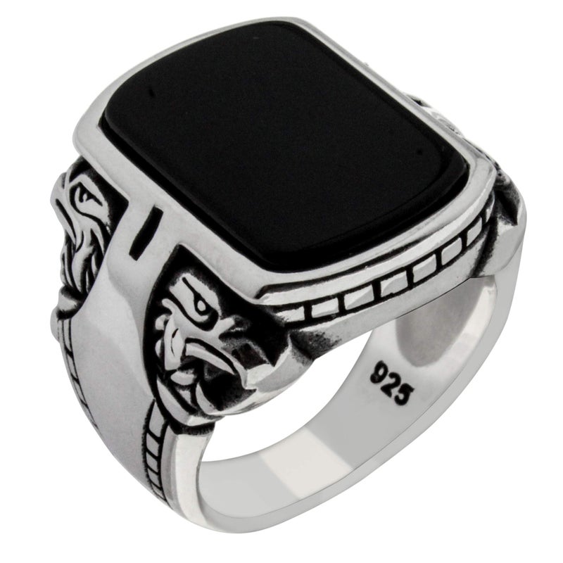 Babylon Silver Solid 925 Sterling Silver Onyx Stone Turkish Handmade Eagle Design Luxury Heavy Men's Ring (8) - Image 1